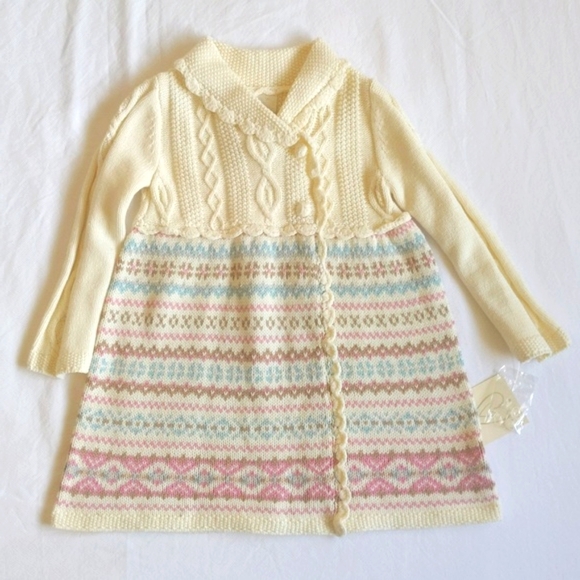 NEW shawl collar cable knit pastel fair isle sweater dress 24 months baby girl - Picture 1 of 8